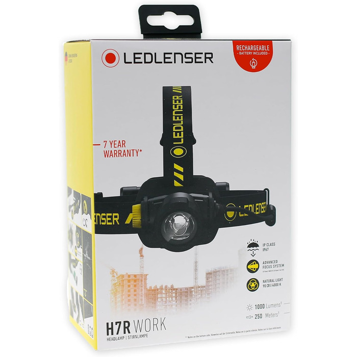 Ліхтар налобний LED Ledlenser H7R Work 1000 люмен, акумуляторний, водонепроникний IP67, регульований, з USB-кабелем