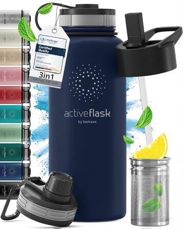 Фляга для води ACTIVE FLASK з соломкою (3 кришки) 950 мл, нержавіюча сталь, BPA-free, без витоку, для напоїв з газом, ізольована, спортивна, дитяча, синій Navy Blue