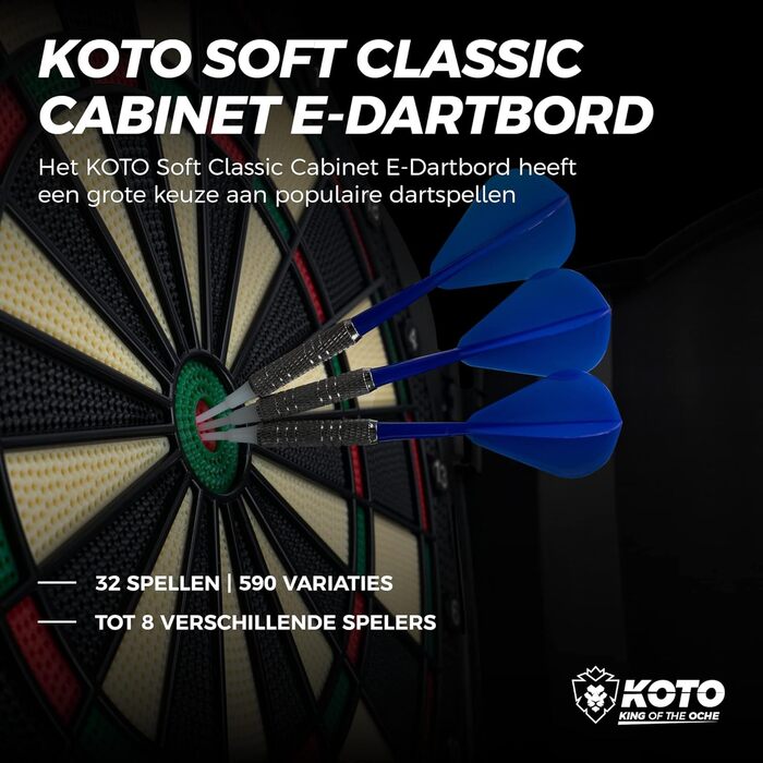 KOTO Електронна дартс-мішень Soft Classic Kabinett, 39x1,5x43,3 см, 6 м'яких дротиків, 32 гри, 590 варіантів