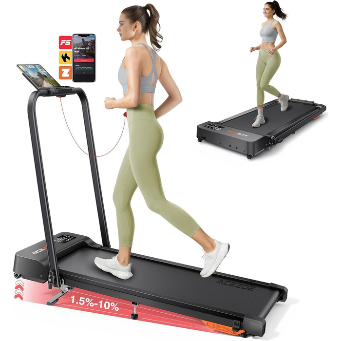 Біговий тренажер 6-в-1 для дому, складаний, з регулюванням нахилу 10% та ручками. Макс. вага 135 кг, LED-дисплей, пульт ДУ та додаток. Без встановлення (Чорний/Помаранчевий)