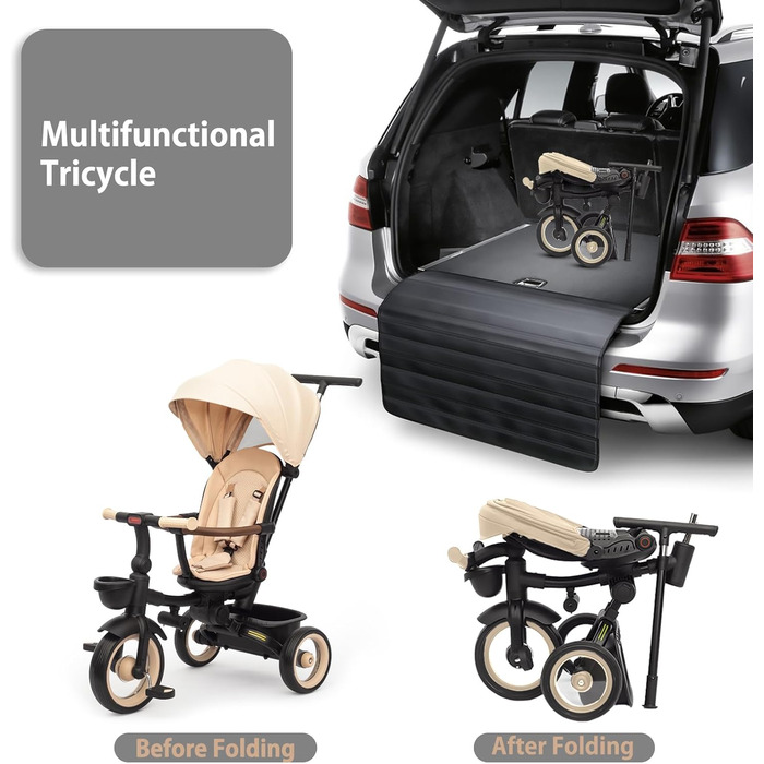 Дитяче тріцикл UBRAVOO 7-в-1: складний, з ліхтарем, гальмом, великим козирком та захисним поручнем. Для дітей від 6 місяців до 5 років (Хакі)