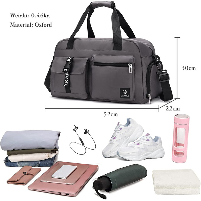 Велика спортивна сумка CORIOS для чоловіків і жінок, дорожня duffle bag з оксфорду, для плавання, фітнесу, тренувань, ручна поклажа з відділенням для взуття, сіра