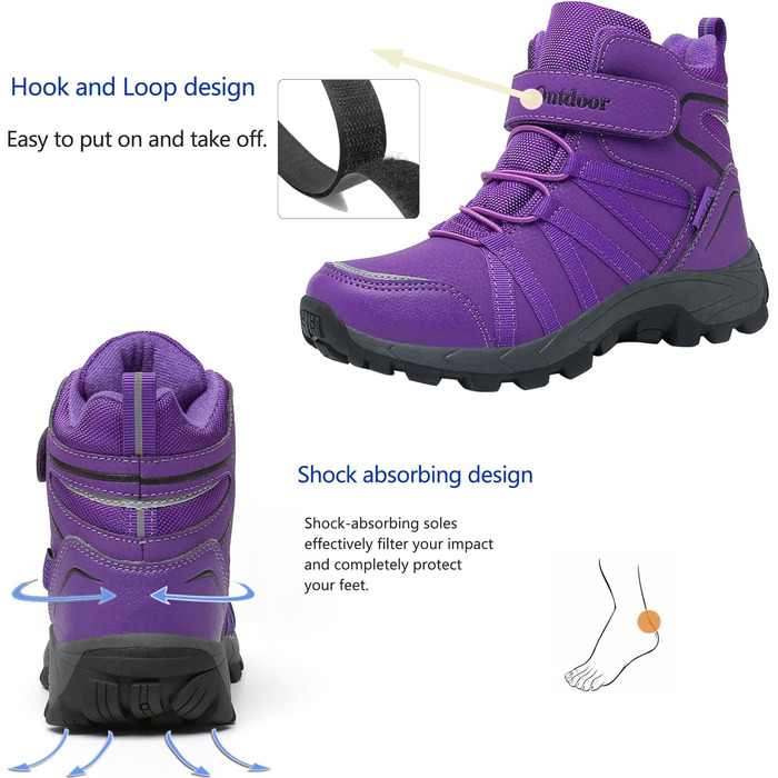 Зимові черевики для дітей: тепла водонепроникна модель для сноубордингу та трекінгу, з клямками (29 EU, фіолетовий)