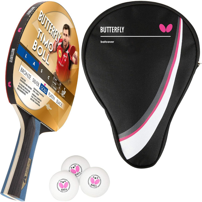 Професійна ракетка для настільного тенісу Butterfly Timo Boll Gold з чохлом та м'ячами, ITTF сертифікат, конкавна ручка, для досвідчених гравців