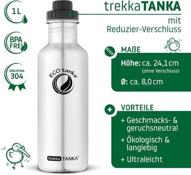 ECOtanka trekkaTANKA 1,0 л пляшка для води з нержавіючої сталі з редукційною кришкою, спортивна, для туризму, фітнесу, BPA-free, герметична, екологічна