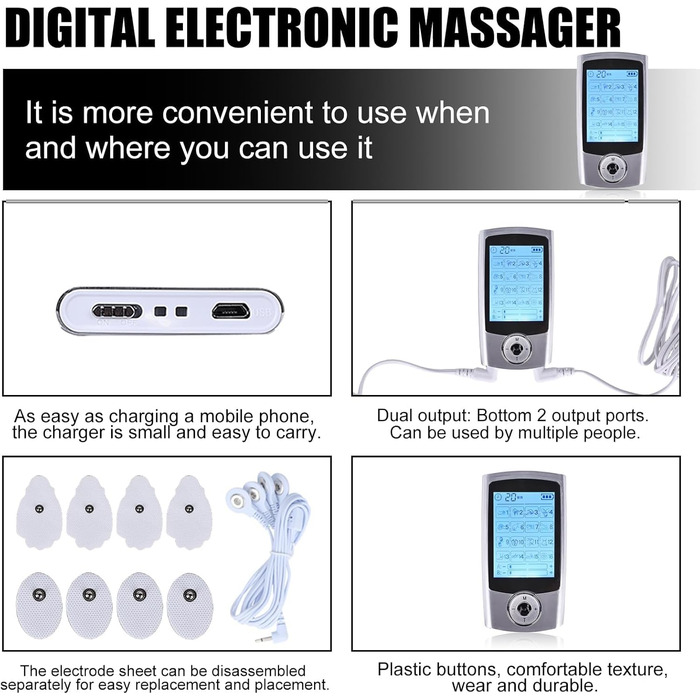 Пристрій TENS 16 режимів: електростимулятор для зняття болю та розслаблення м'язів. 16 програм, 20 рівнів інтенсивності, 2 канали, EMS, преміум електроди (білий)
