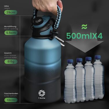Фляга для води Fjbottle з нержавіючої сталі 1900 мл з магнітною кришкою, BPA Free, подвійні стінки, термо, без витоку, для спорту, універу, кемпінгу, подорожей, темно-синій колір