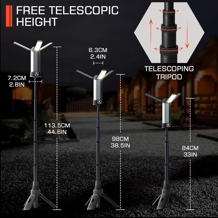 Ліхтар кемпінговий акумуляторний 2000 люменів з регулюванням яскравості та висувним штативом, 6000mAh, 3 кольори світла, для кемпінгу, авторемонту, будівництва