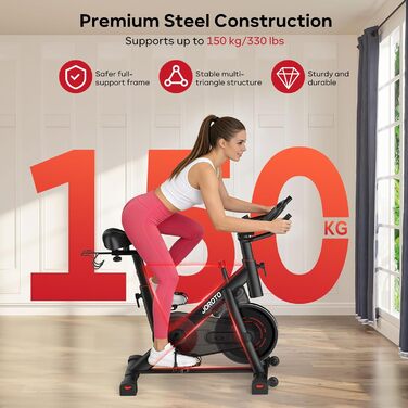 Велотренажер JOROTO з додатком, тихий велоергометр, фітнес-велосипед для дому з LCD-дисплеєм, стійка для гантелей, тримач для пляшки, до 150 кг