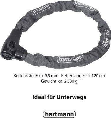 Замок ланцюговий Hartmann 120 см для мотоцикла/велосипеда з захистом від буріння та викрадення, 9,5 мм