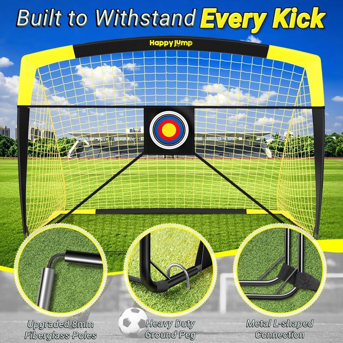 Ворота для футболу Happy Jump Pop-Up – складані, для дітей та дорослих | 1 або 2 ворота: 120x90 / 152x110 / 213x152 см | З м'ячем, насосом, конусами та мішенню | Для саду та подарунка