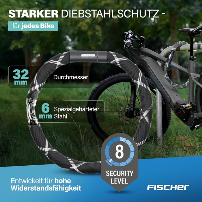 Ланцюговий замок для велосипеда та електровелосипеда FISCHER PROTEC SK100, 100 см, чорний, зі світловідбиваючими нитками, 2 ключі