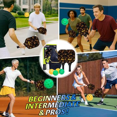 Набір для піклболу JOY SPOT! 2 ракетки + 4 м'ячі + сумка – Легкі ракетки з скловолокном для чоловіків, жінок та початківців – Для гри в приміщенні та на вулиці (Lava)