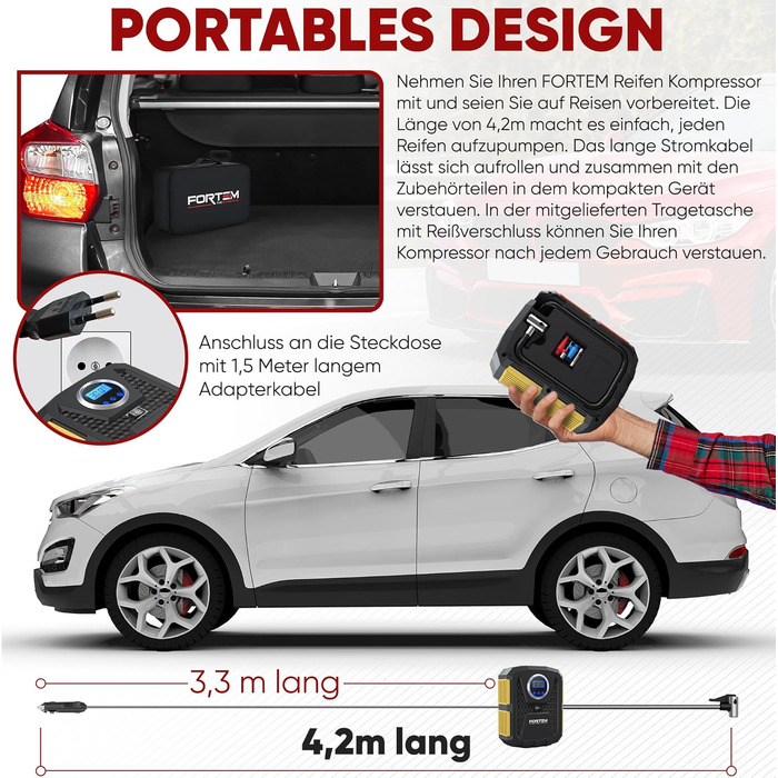 Електричний компресор FORTEM для авто і велосипедних шин, 12В/230В, з LED-підсвічуванням, цифровий манометр, автоматичне відключення
