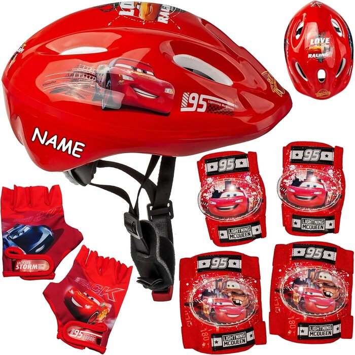 Дитячий шолом Cars Lightning McQueen + рукавички + захист колін та ліктів (розмір 5)