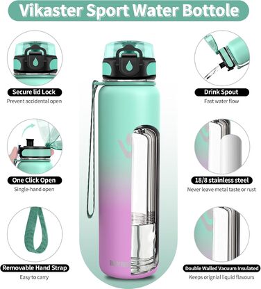 Термос-пляшка Vikaster 500 мл: нержавіюча сталь, без BPA, не протікає, для спорту, велосипеда, подорожей та фітнесу. Чорний & винно-червоний (500 мл, блакитно-зелений & світло-рожевий)