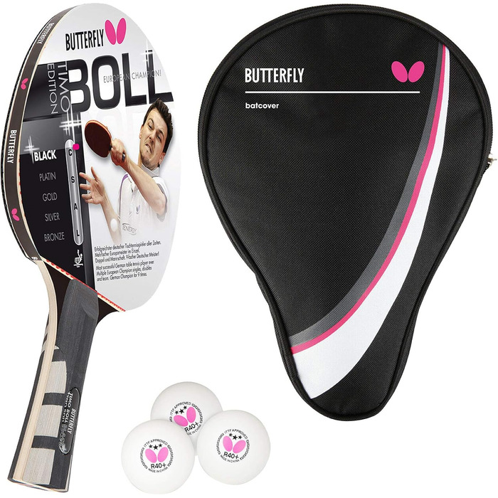 Набір для настільного тенісу Butterfly Timo Boll Black 85030: професійна ракетка ITTF Wakaba, анатомічна ручка, чохол DC1 та 3 м'ячі