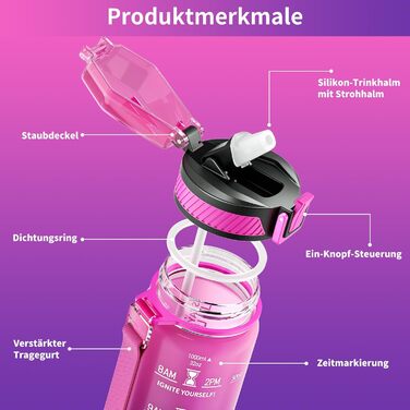 Спортивна пляшка для води 1л Tritan з трубочкою, без BPA, з маркуванням часу та щіткою, фіолетово-рожева