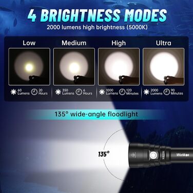 Wurkkos 2000 Lumen Тачка-ліхтар для дайвінгу до 150м, водонепроникна (IPX8) з LED SST40, зарядний пристрій в комплекті