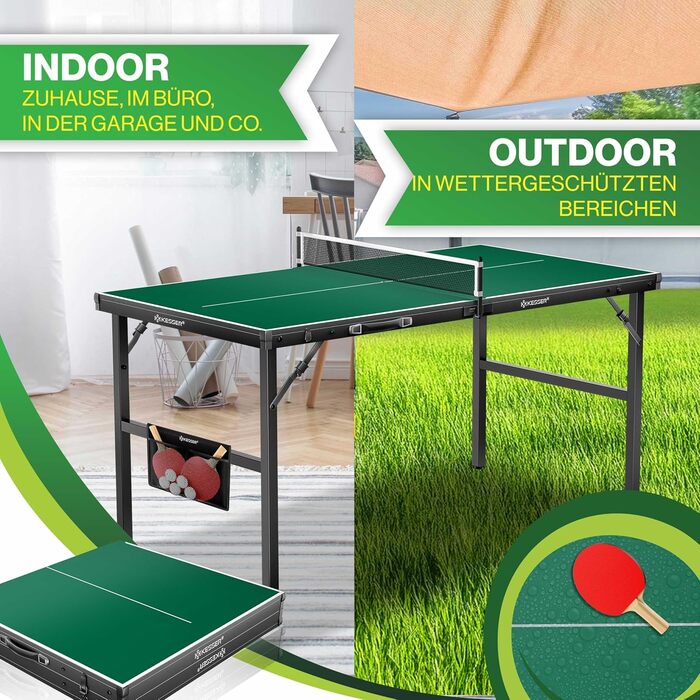 Набір для пінг-понгу KESSER® Mini з столом, ракетками, м'ячами та сіткою | Внутрішнє використання, портативний | Ламінована стільниця, складаний дизайн-кейc, для дітей та дорослих – 153 x 76,5 см, зелений