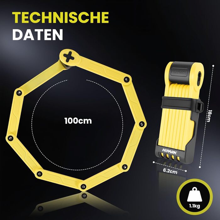 Замок для велосипеда складний, 100см, з ключами, висока безпека, з кріпленням, сталевий, для велосипеда, електровелосипеда (жовтий)