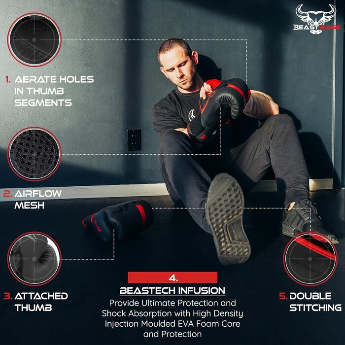Боксерські рукавички BEAST RAGE для боксу, кікбоксингу та муай-тай (12oz, червоні) - чоловічі та жіночі, для тренувань та боксерського мішка