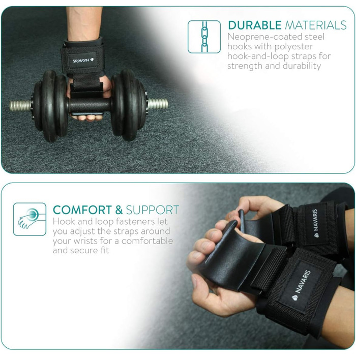Набори для тяги Navaris з гачками для силових тренувань - захист суглобів, фітнес, бодібілдинг - професійні ремені для важкої атлетики з металевими гачками, чорний