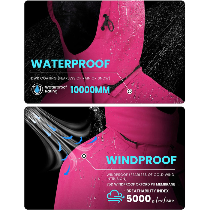 Жіноча водонепроникна куртка WULFUL для сноубордингу та лижного спорту, тепла зимова куртка з капюшоном (XL, Rosenrot)