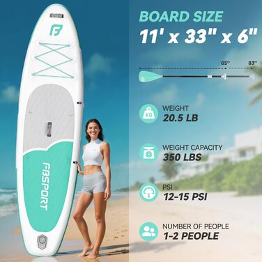 FBSPORT Stand Up Paddling Board (SUP) 335см: надувний сапборд для дорослих з антиковзким покриттям, 160кг, комплект з веслом, насосом та аксесуарами для йоги, подорожей та серфінгу (м'ятний)