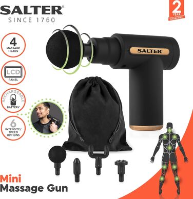 Масажний пістолет Salter EE7427BLKSTKEU7, 4 насадки, LCD, 6 режимів, акумуляторний, глибокий масаж, USB, чорний