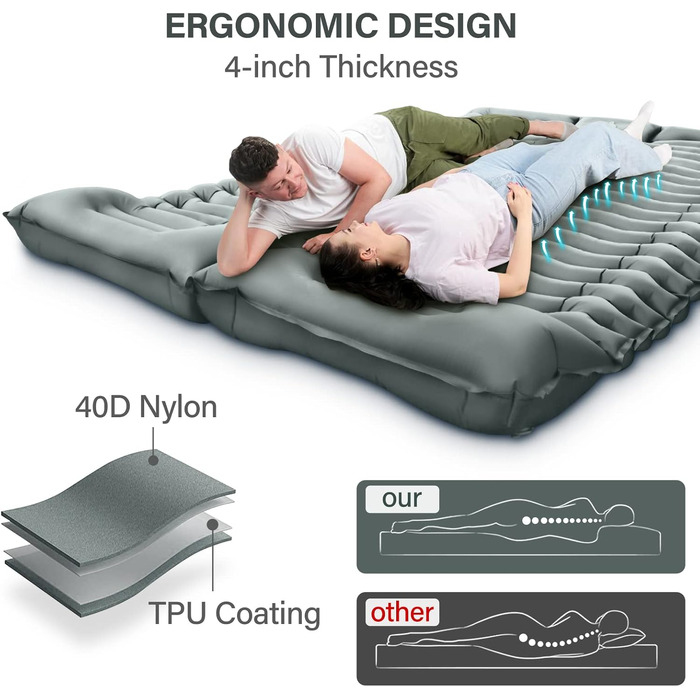 Кемпінговий килимок Yuzonc Double, самонадувний, з насосом для ніг, ультралегкий, товстий, сірий. Підходить для кемпінгу, подорожей, хайкінгу та наметів.