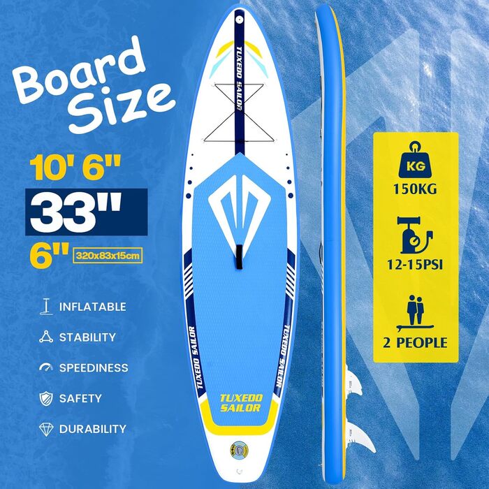 Надувне SUP-борд Tuxedo Sailor Stand Up Paddle Board з аксесуарами, для дорослих та підлітків, блакитний та жовтий