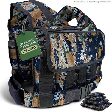 Вага для тренувань PURE MAJIN® з регулюванням, кишеня та металевий ремінь | Фітнес, воркаут, біг, калістеніка, обладнання, вага, тренувальна жилетка | Камуфляж, 20 кг