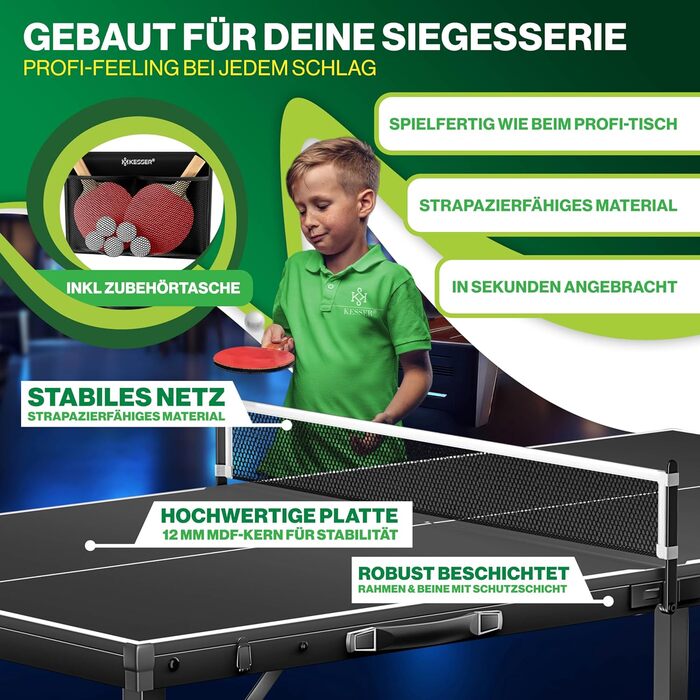 Набір для пінг-понгу KESSER® Mini з ракетками, м'ячами та сіткою | Розкладний стіл для гри в настільний теніс | Ігровий набір для дітей та дорослих | 153 x 76,5 см