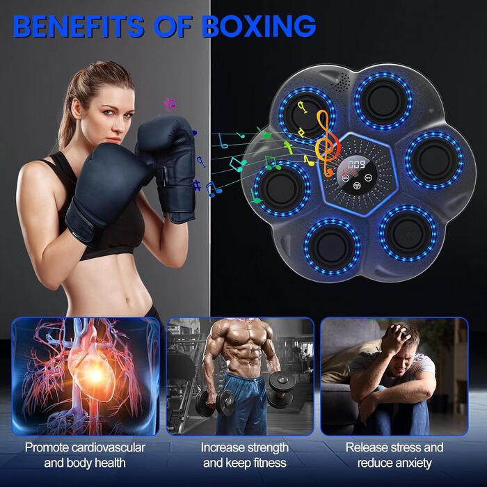Музична боксерська машина Yolispa для дорослих та дітей, 9 режимів, 18 швидкостей, LED-підсвічування, Bluetooth, з боксерськими рукавичками