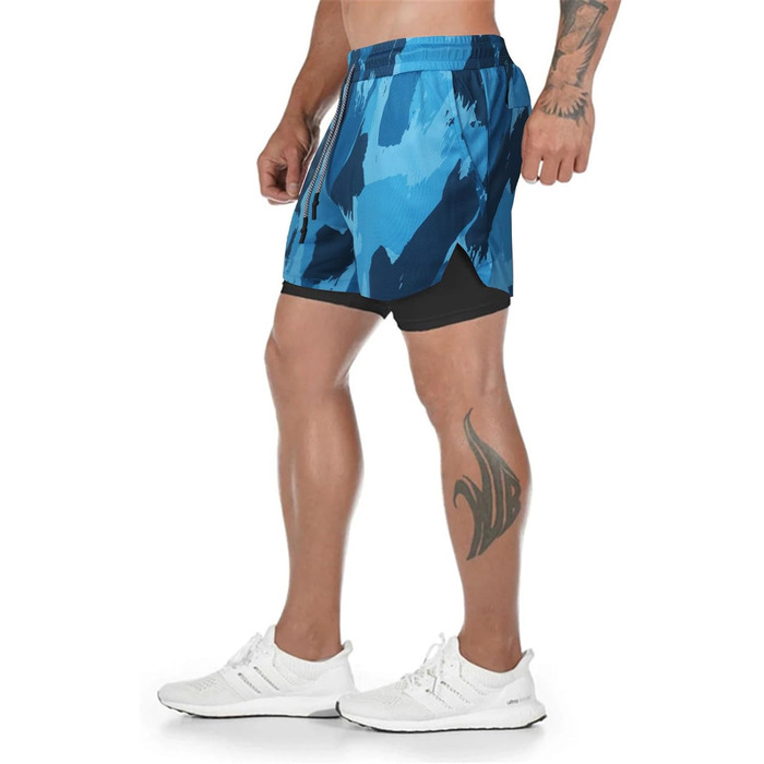 Шорти спортивні чоловічі 2-в-1 для бігу та фітнесу з вбудованою кишенею, камуфляжний (S)