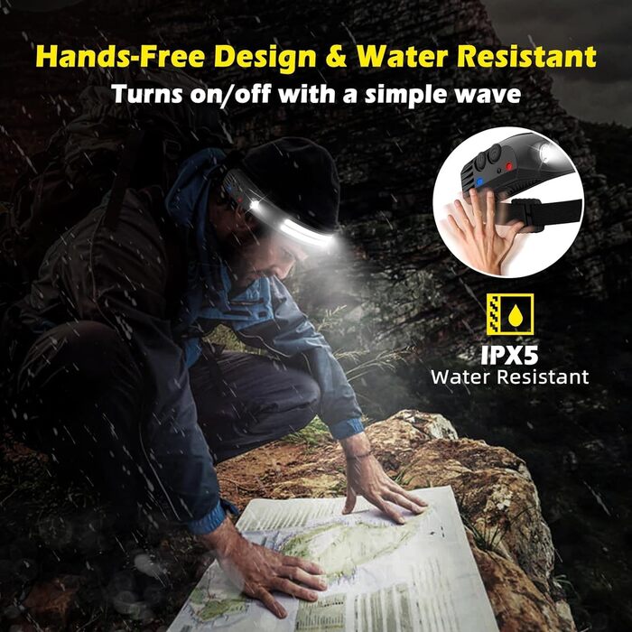LED налобний ліхтар, 2 шт. з широким кутом огляду 230°, 6 режимів, датчик світла, водонепроникний, ідеально для бігу, риболовлі та інших активностей