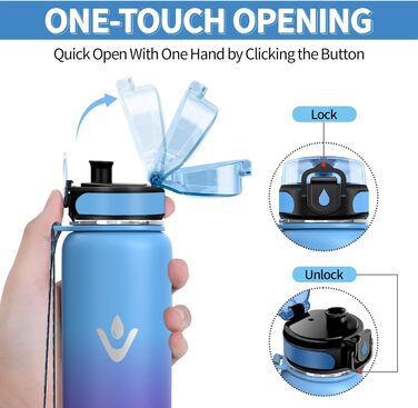 Термос-пляшка Vikaster 500 мл/1000 мл, нержавіюча сталь, без BPA, для спорту, подорожей, фітнесу (чорний & винно-червоний, блакитний & фіолетовий)