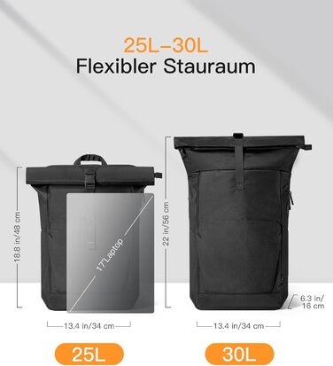 Рюкзак Inateck RollTop 25-30 л з відділенням для взуття, для ноутбука 17'' для чоловіків і жінок, чорний
