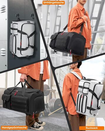 Спортивна сумка RAINSMORE 3 в 1 для чоловіків 45L: рюкзак, сумка-переноска, з відділенням для взуття, ноутбука та мокрого одягу (сіра)