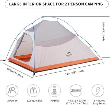 Намет Naturehike Cloud Up 2 - Ultraleichtes Zelt для 2 осіб, 3-4 сезон, водонепроникний, для кемпінгу та піших прогулянок (Помаранчевий)