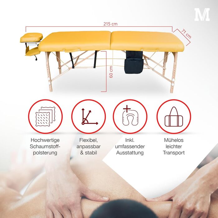 Масажний стіл MASSUNDA Mobile Comfort Deluxe, складаний, регульований по висоті, екстра широкий, з натурального дерева, з ергономічним підголівником, підлокітниками, подушкою, чохлом, кремовий