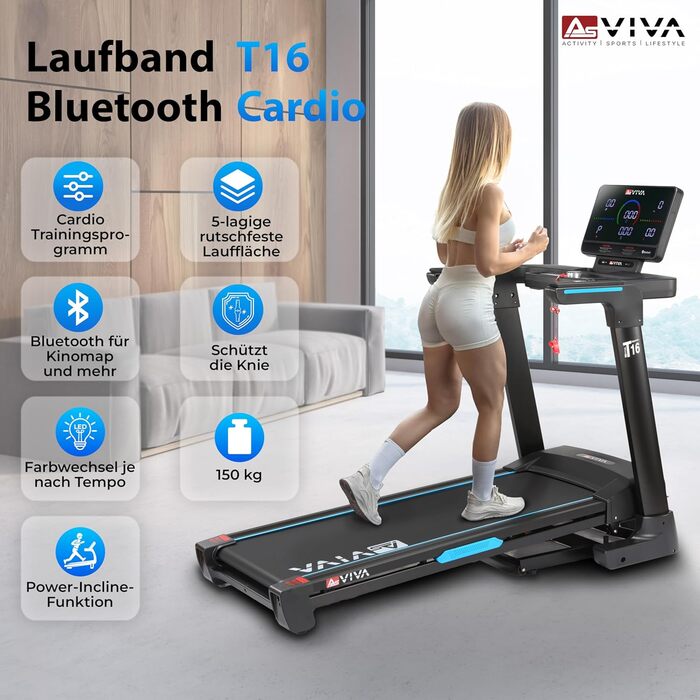 Біговий тренажер AsVIVA T16 Profi: 18 км/год, 4 PS, 18% нахил, складний, Bluetooth, до 150 кг, для кардіотренувань вдома