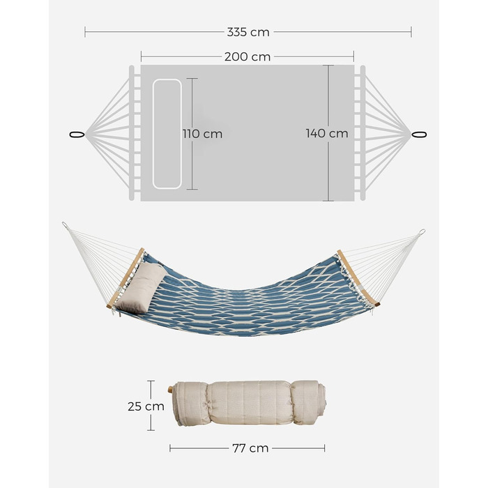 Крісло-гамак SONGMICS з подушкою, стегане, з роздільними бамбуковими дугами, з підголівником, 200 x 140 см, до 225 кг, сірий та бежевий ромбік GDC034G02