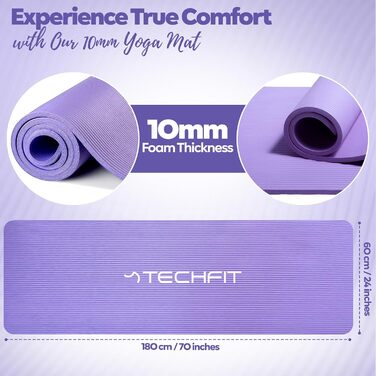 Йога мат TechFit з неслизькою поверхнею - для фітнесу, дому, пілатесу, кемпінгу, аеробіки (фіолетовий, 10 мм)
