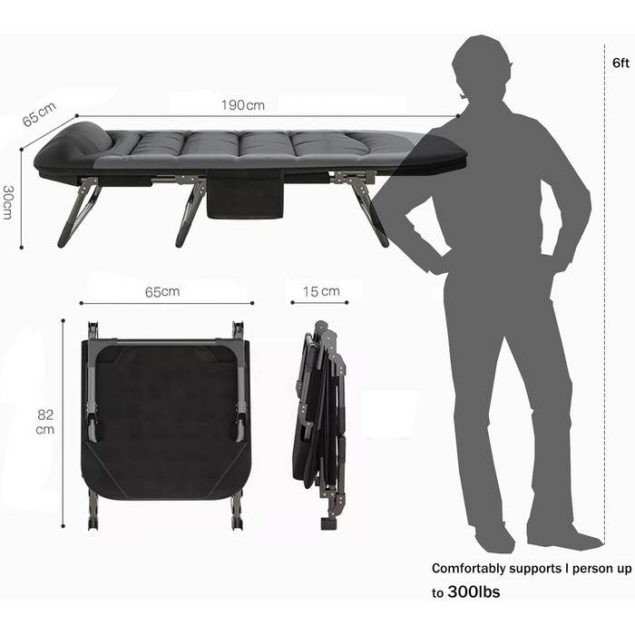 Розкладне ліжко Cozykimo для кемпінгу з матрацом: туристичне, для риболовлі, гостей, сад, будинок (чорне)