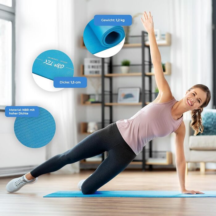 Гімнастичний килимок Gymtek 180x61 см, NBR 1,5 см, для йоги, фітнесу, пілатесу, з ременем, синій