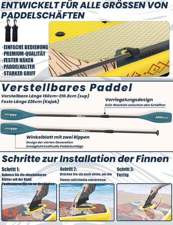 SUP дошка ABBOARD надувна 335 см, жовта - для 2 осіб, вантажопідйомність 200 кг, преміум комплект аксесуарів для початківців та сімейного відпочинку