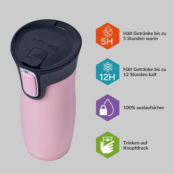 Термокружка Contigo West Loop Autoseal 470 мл, рожевий (Millennial Pink) - неіржавіюча сталь, для подорожей, кави з автозакриттям