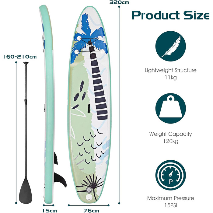 Надувна SUP-дошка RELAX4LIFE 320/335x76x15 см з веслом, насосом, рюкзаком, ремкомплектом та 3 плавниками, для початківців і професіоналів